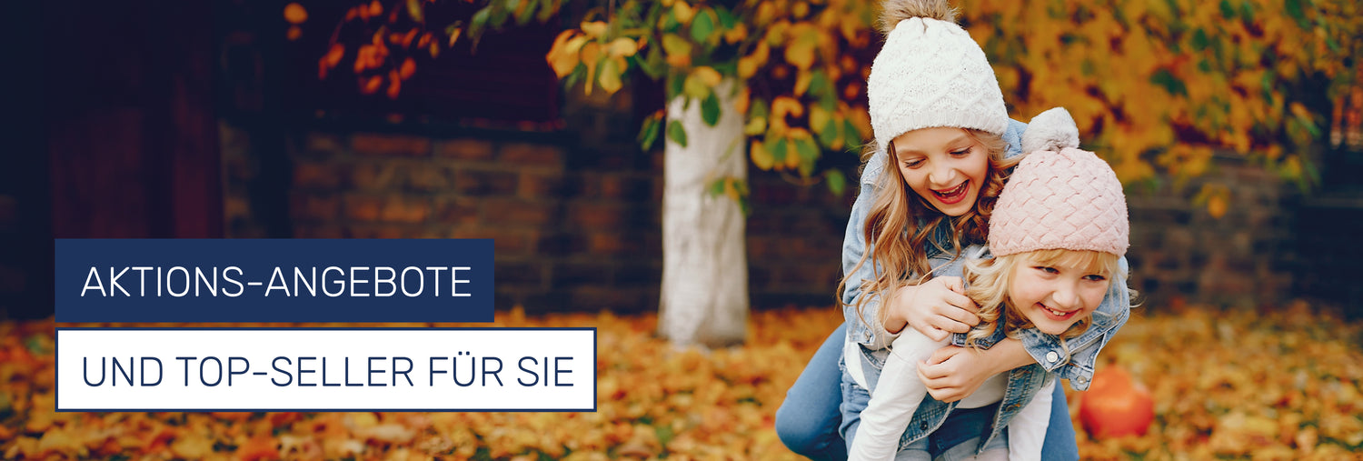 Sliderfoto der Angebotesseite und Top-Seller Seite Herbstthema zwei spielende Kinder im Herbstlaub