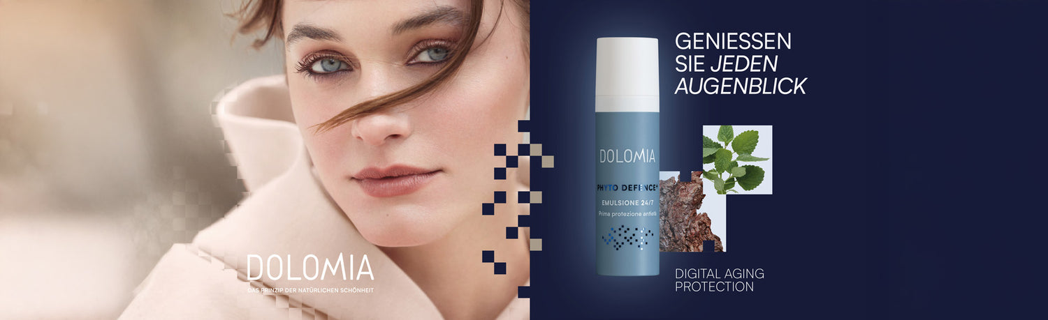 Sliderfoto mit attraktiver Frau und Abbild der 24/7-Emuslion zum  Anti Aging von DOLOMIA